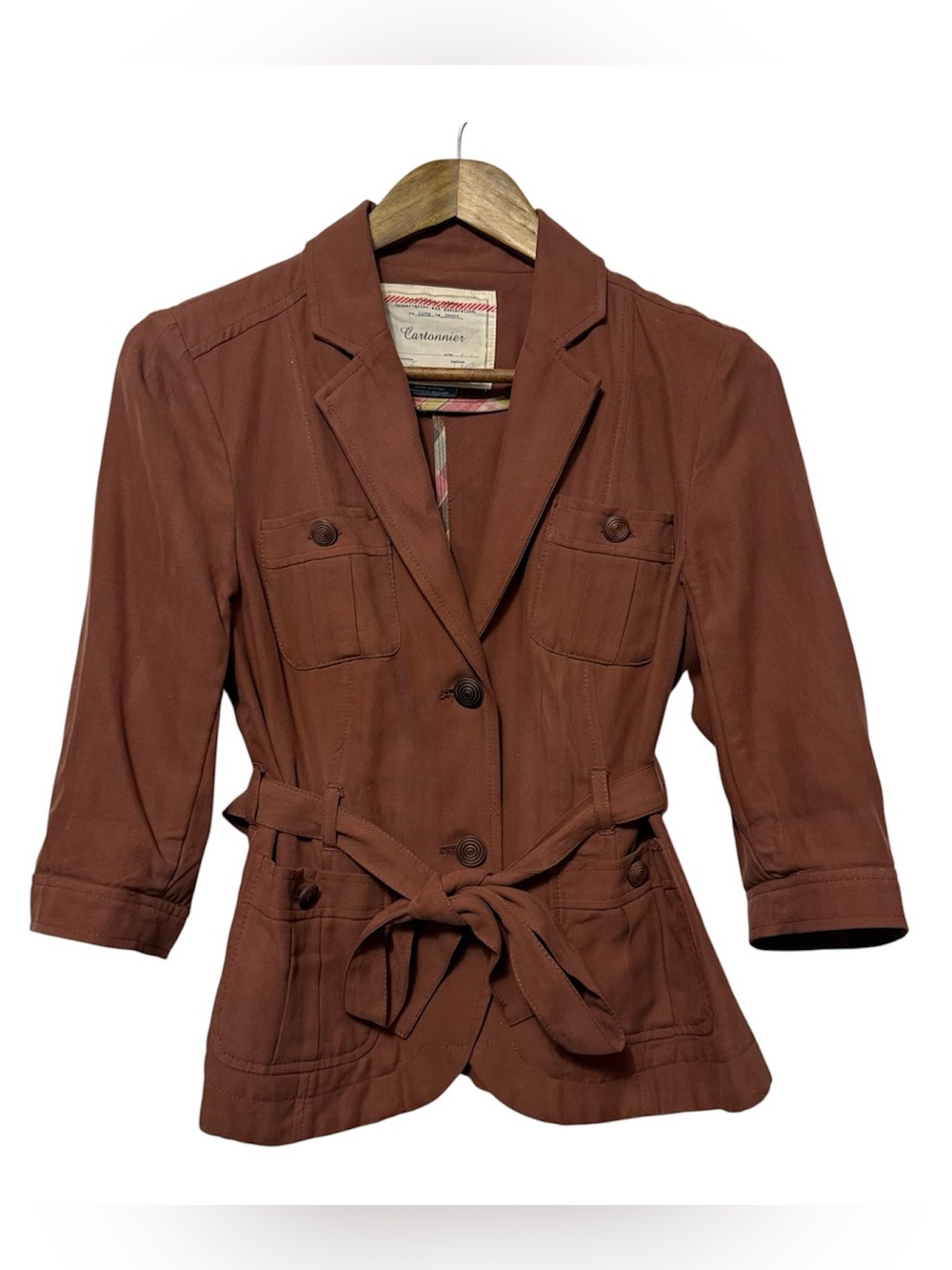 Anthropologie Cartonnier Women's Size 4 Silk Rust Belted Utility Blazer Jacket